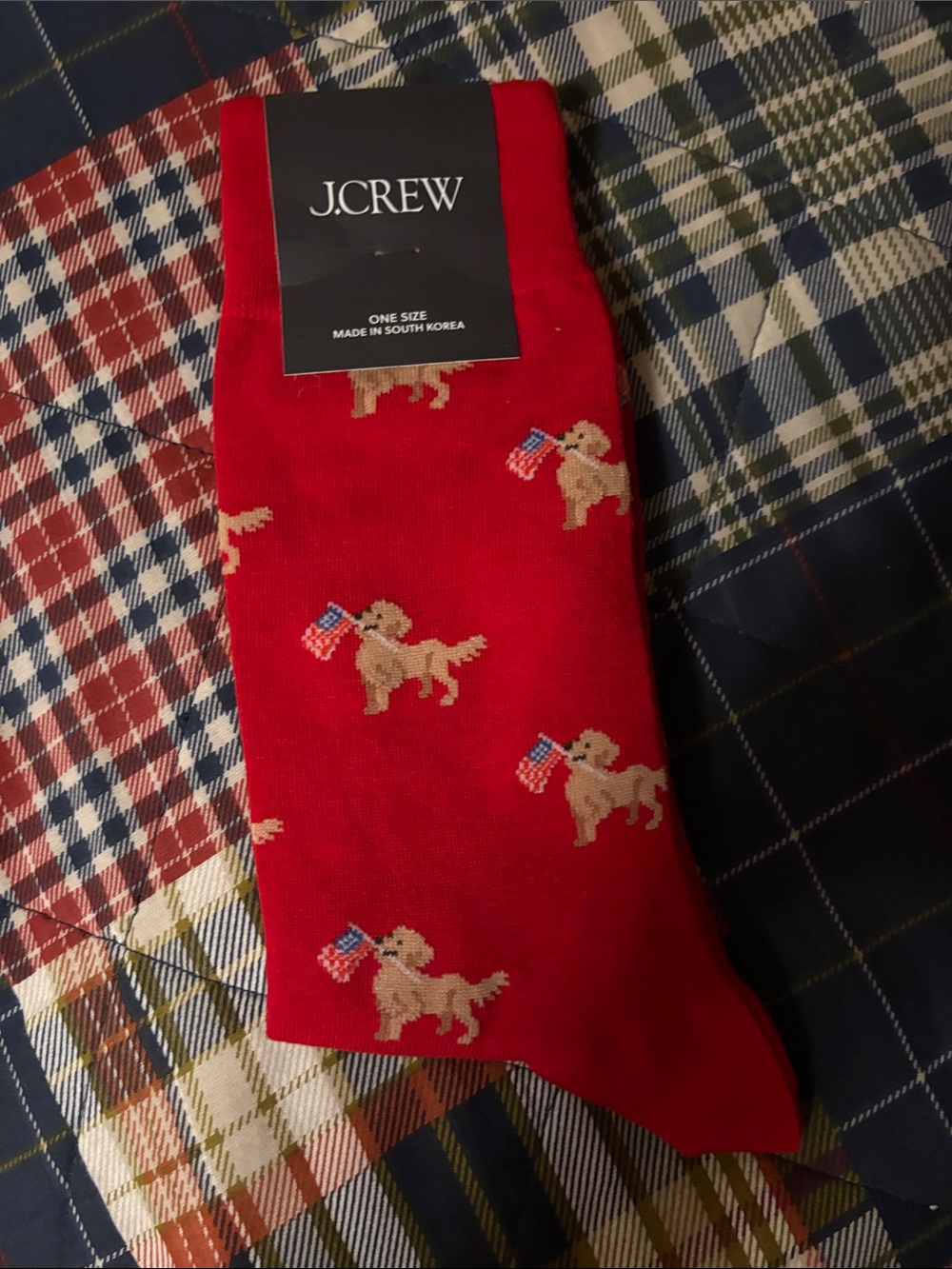 J. Crew Red Crew Socks with Dog and Flag Motif